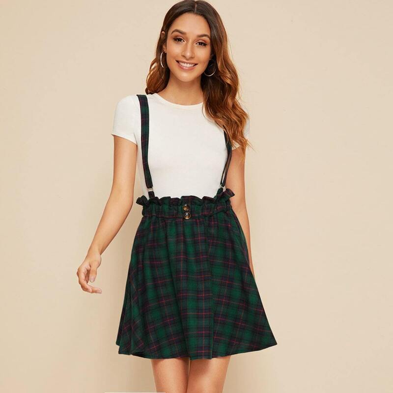 

Plaid Print Button Front Paperbag Waist Suspender Skirt, Multicolor