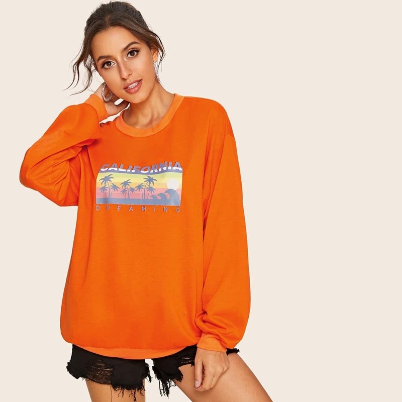 

Neon Orange Tropical & Letter Graphic Sweatshirt, Orange bright