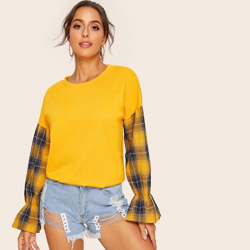 

Plaid Print Flounce Sleeve Sweatshirt, Yellow