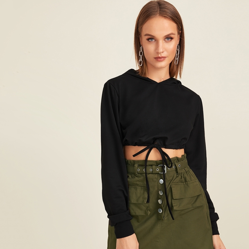 

Solid Drawstring Hem Crop Hoodie, Black