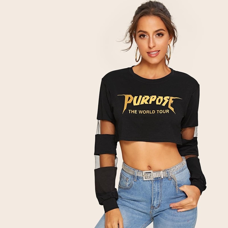 

Contrast Mesh Letter Print Crop Sweatshirt, Black