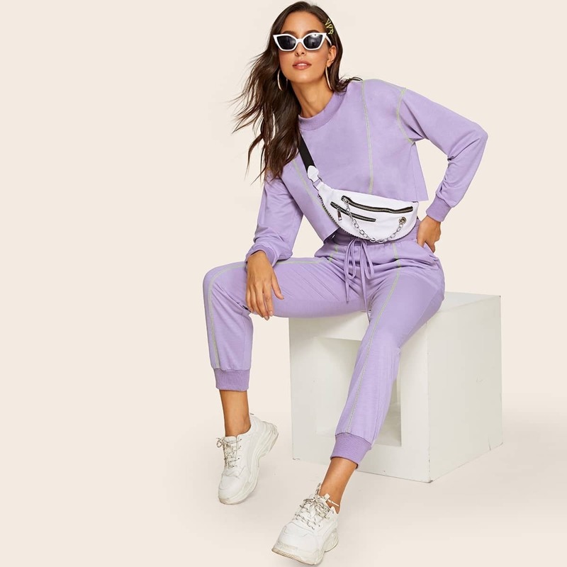 

Contrast Stitch Crop Top With Drawstring Waist Pants Without Bag, Purple