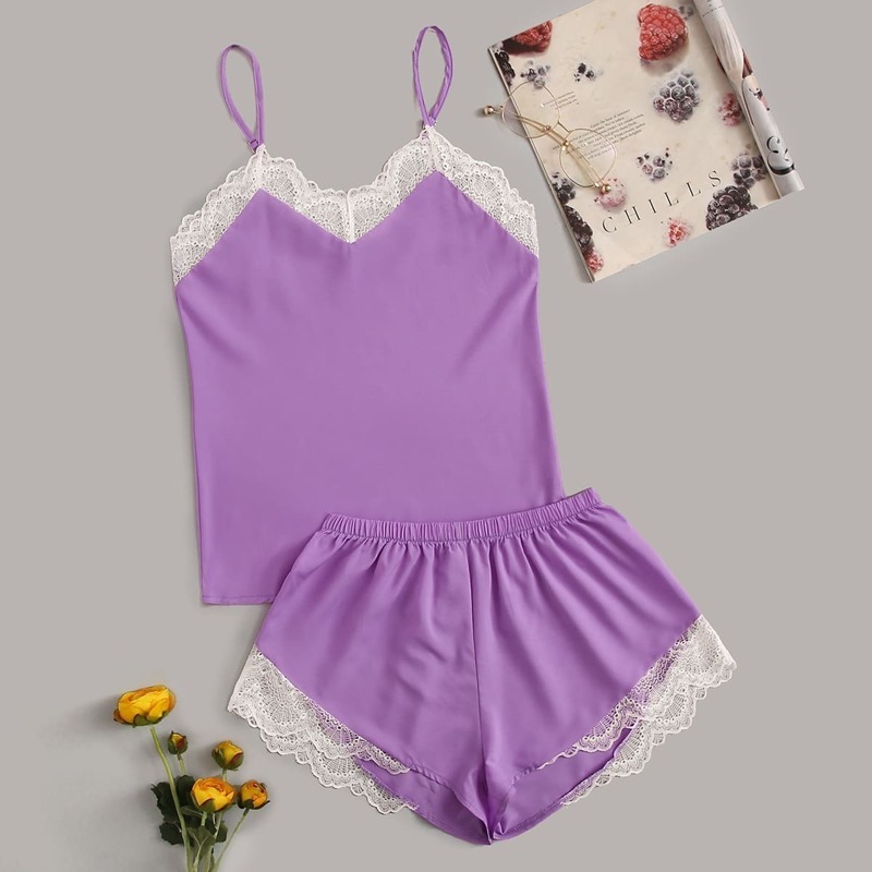 

Contrast Lace Satin Cami PJ Set, Purple