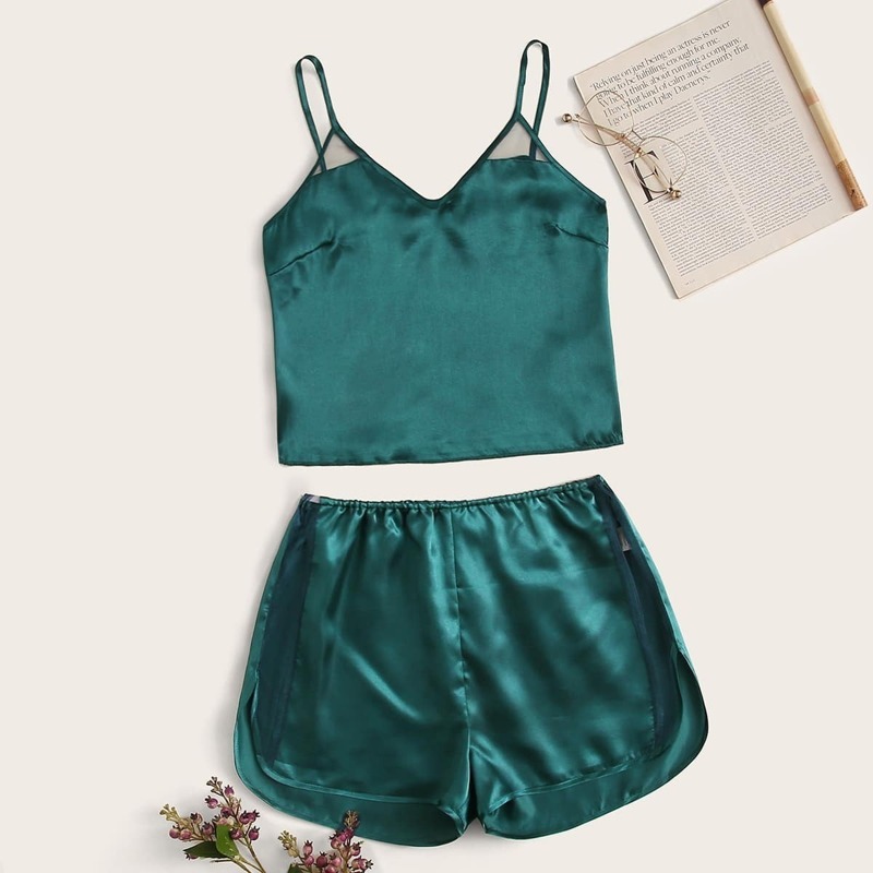 

Contrast Mesh Satin Cami PJ Set, Green