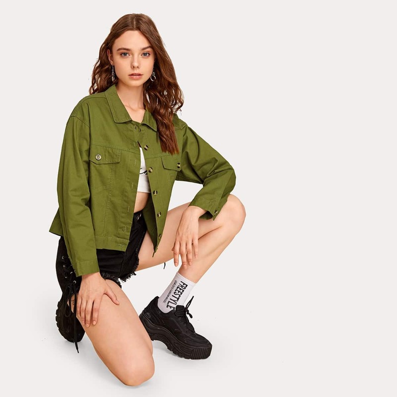 

Solid Single-breasted Pocket Front Jacket, Army green