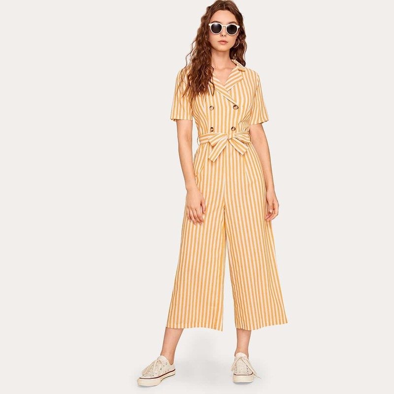 

Striped Double-breasted Belted Jumpsuit, Yellow