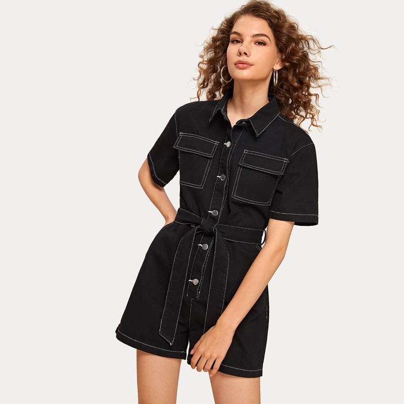 

Topstitching Pocket Front Belted Denim Overalls, Black