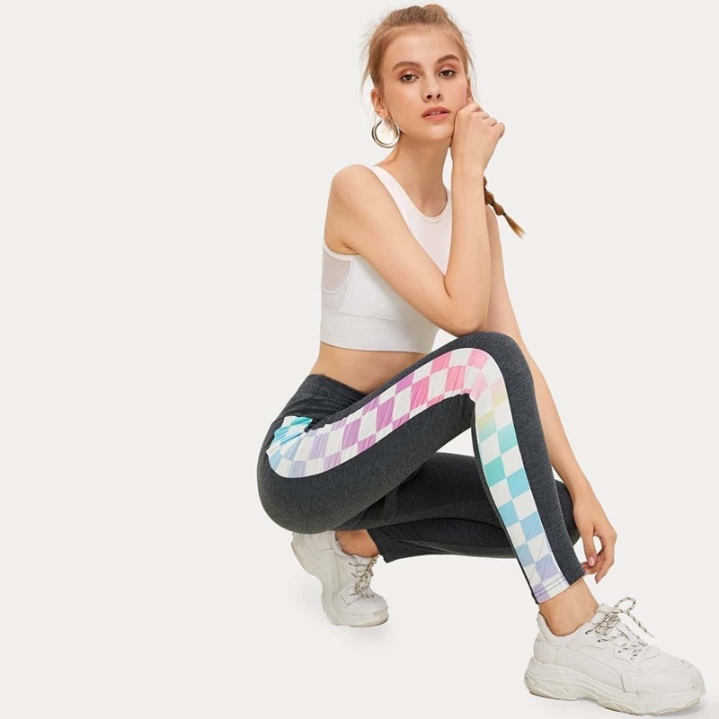 

Side Checkered Print Tie Front Leggings, Grey