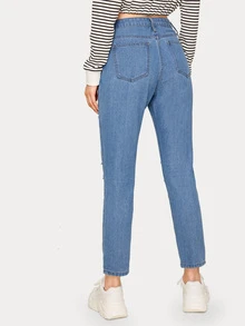 Ripped Chain Decoration Jeans - Blue - View 2