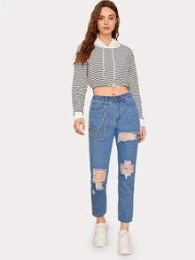 Ripped Chain Decoration Jeans - Blue - View 3