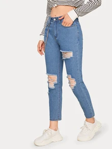 Ripped Chain Decoration Jeans - Blue - View 4