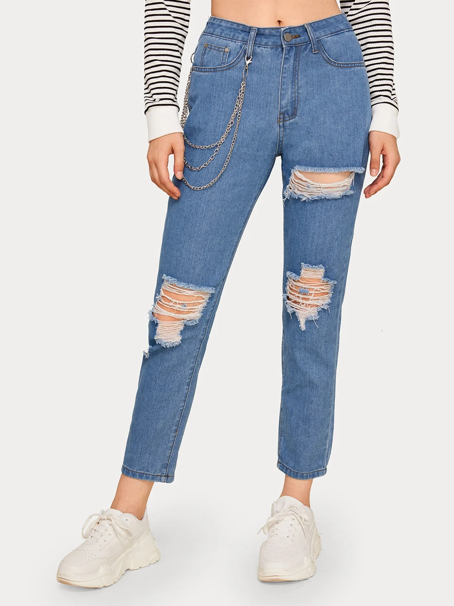 Ripped Chain Decoration Jeans - Blue - View 1