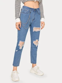 Ripped Chain Decoration Jeans - Blue - View 5