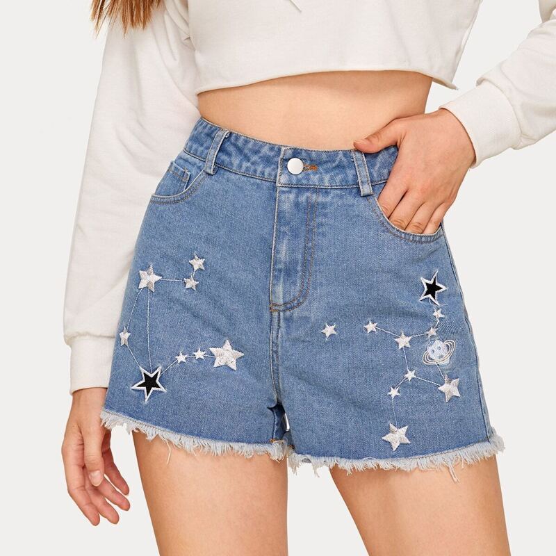 

Star Embroidery Raw Hem Denim Shorts, Blue