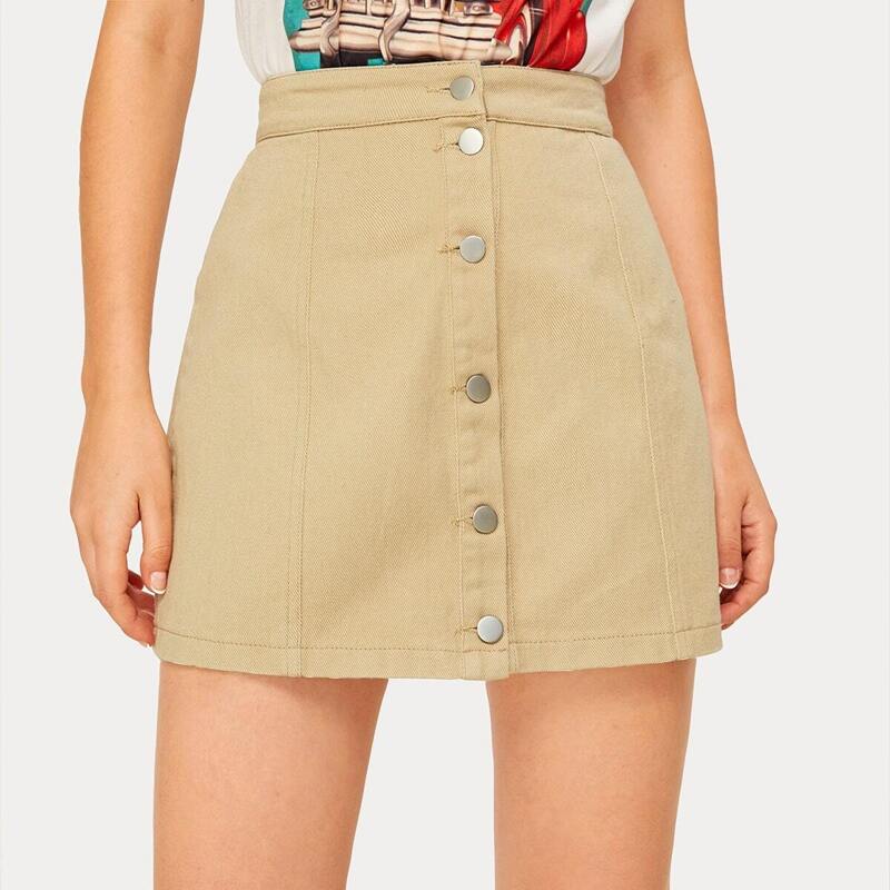 

Solid Button Front Denim Skirt, Khaki