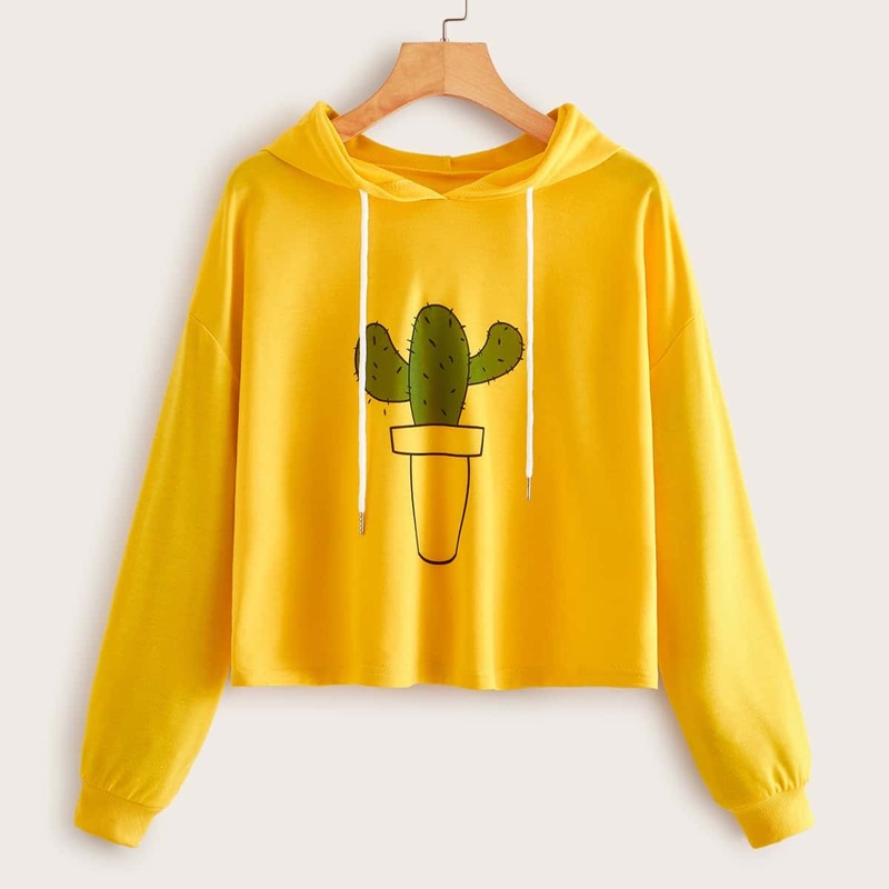 

Cactus Print Drawstring Drop Shoulder Hoodie, Yellow
