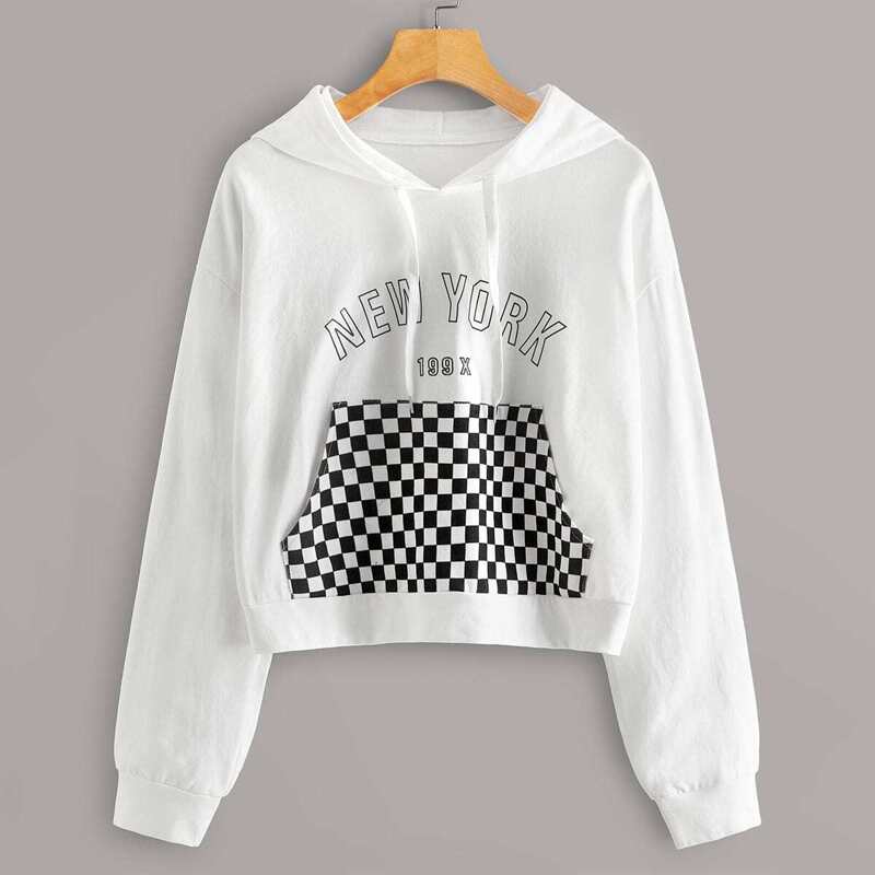 

Letter & Checkered Print Kangaroo Pocket Hoodie, White