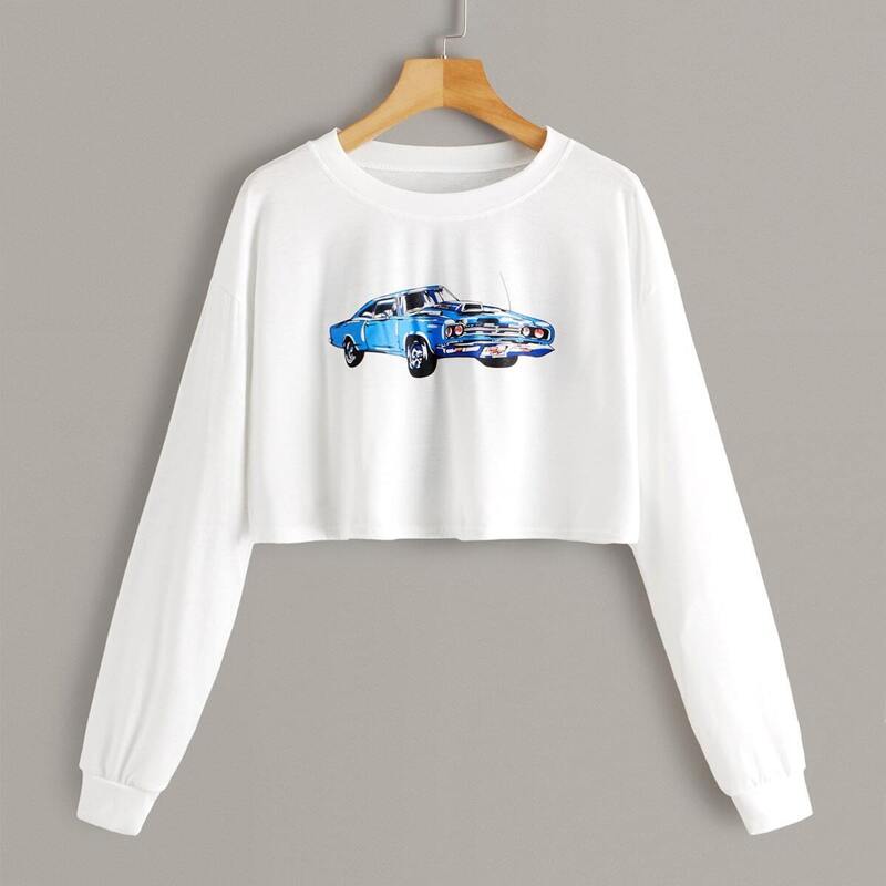 

Letter And Car Print Crop Tee, White