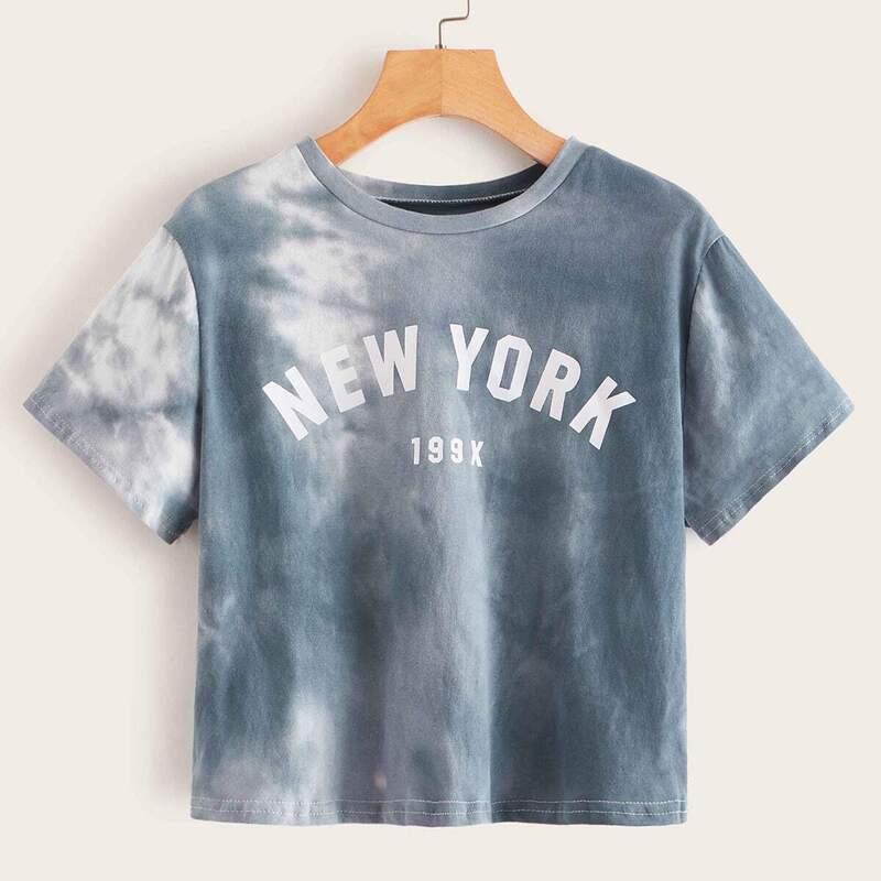 

Tie Dye Letter Print Tee, Blue