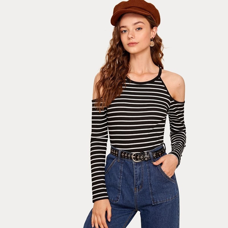 

Striped Cold Shoulder Ribbed Tee, Black and white