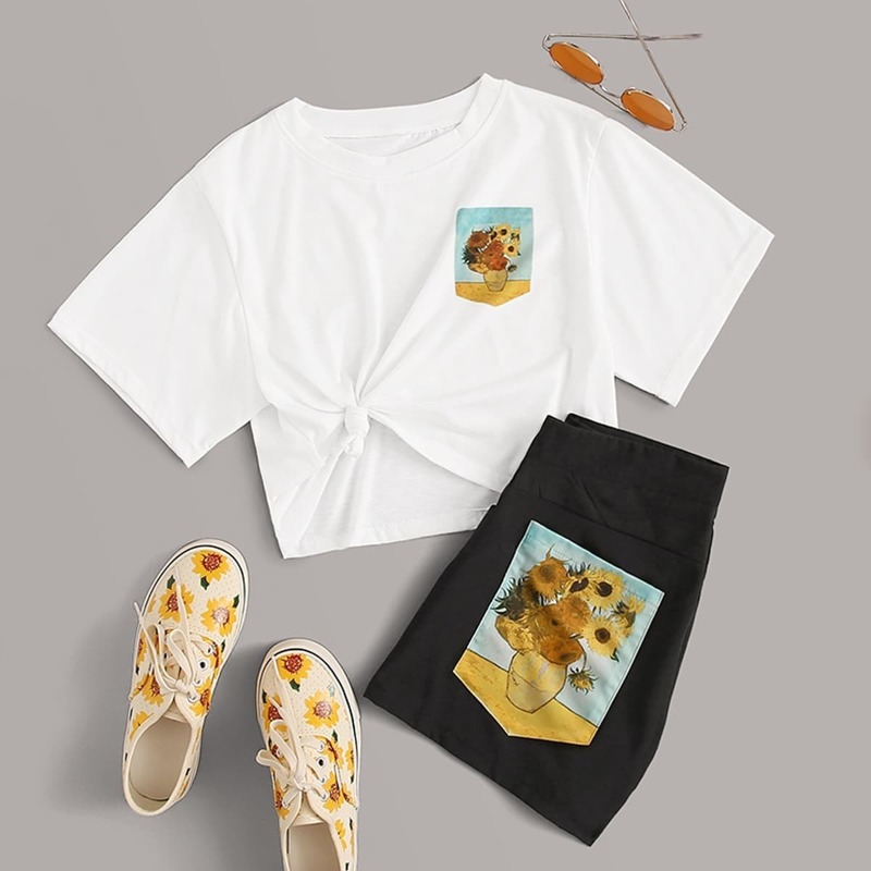 

Floral Print Tee & Straight Leg Shorts, Black and white