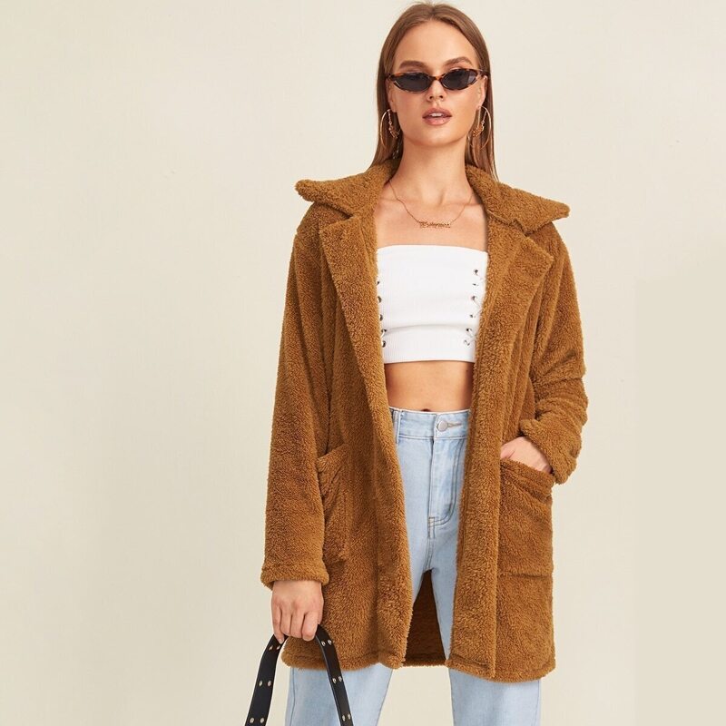 

Solid Open Front Dual Pocket Outerwear, Brown