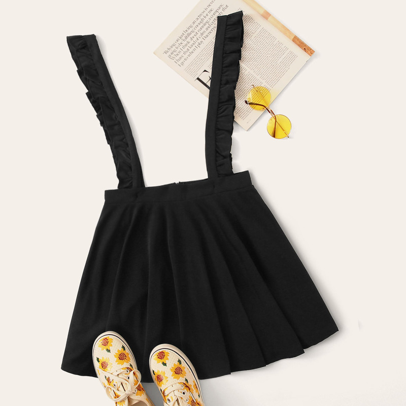 

Solid Ruffle Hem Frill Trim Straps Skirt, Black