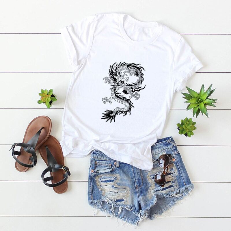 

Round Neck Dragon Print Tee, White