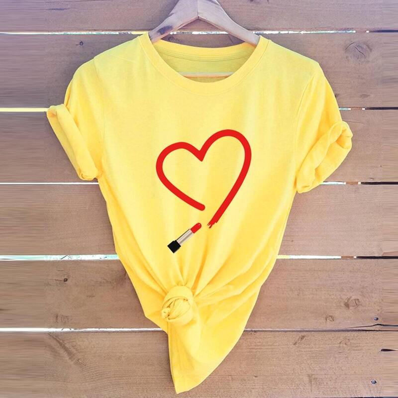 

Lipstick And Heart Print Tee, Yellow