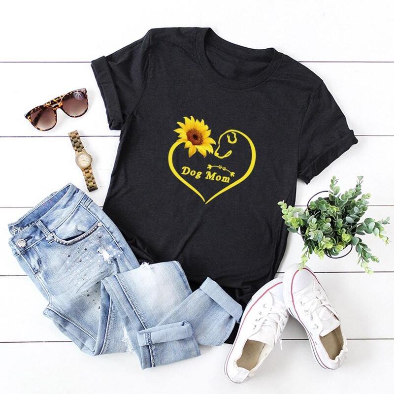 

Round Neck Letter And Sunflower Print Tee, Black