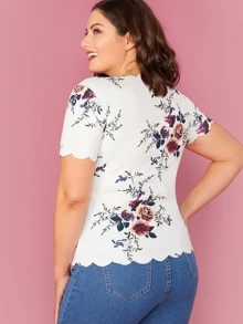 SHEIN Clasi Plus Floral Print Scallop Trim Top - White - View 2