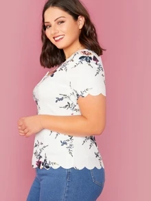 SHEIN Clasi Plus Floral Print Scallop Trim Top - White - View 3