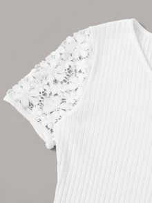 SHEIN Unity Button Front Lace Trim Rib-knit Bodysuit - White - View 3