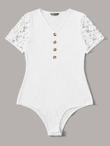 SHEIN Unity Button Front Lace Trim Rib-knit Bodysuit - White - View 5