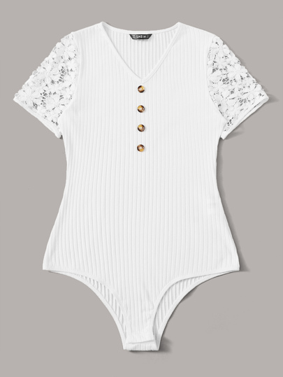 SHEIN Unity Button Front Lace Trim Rib-knit Bodysuit