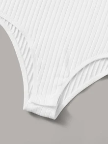 SHEIN Unity Button Front Lace Trim Rib-knit Bodysuit - White - View 4