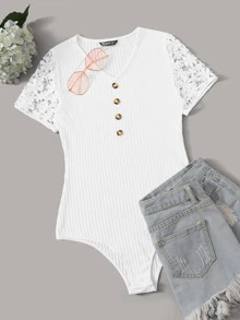 SHEIN Unity Button Front Lace Trim Rib-knit Bodysuit - White - View 1