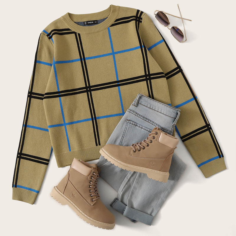 

Round Neck Plaid Sweater, Khaki