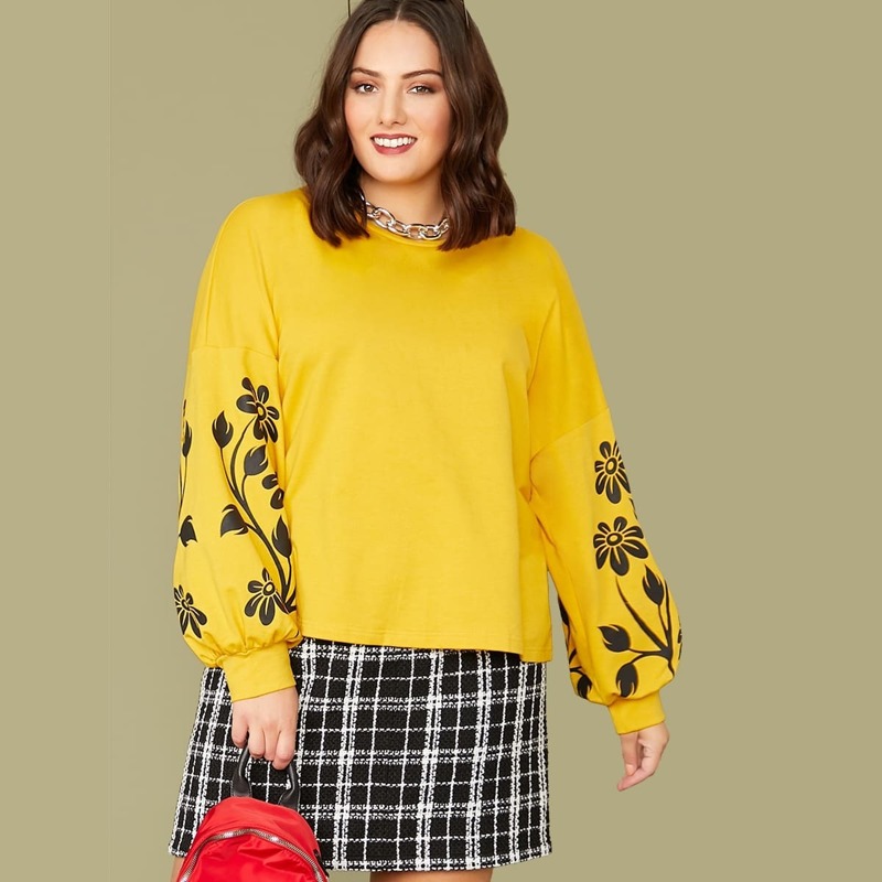 

Plus Drop Shoulder Lantern Sleeve Floral Pullover, Yellow bright