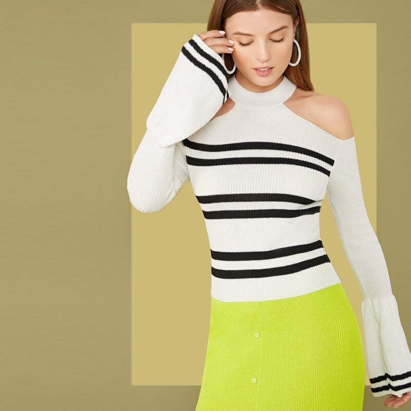 

Cold Shoulder Flounce Sleeve Striped Sweater, White