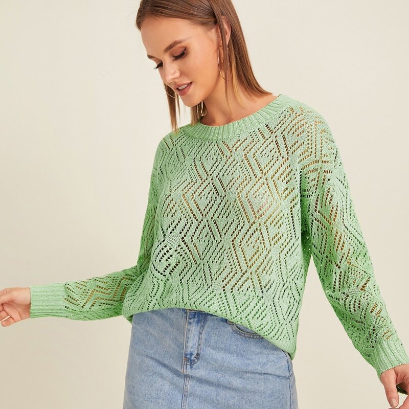 

Drop Shoulder Eyelet Sweater, Green pastel