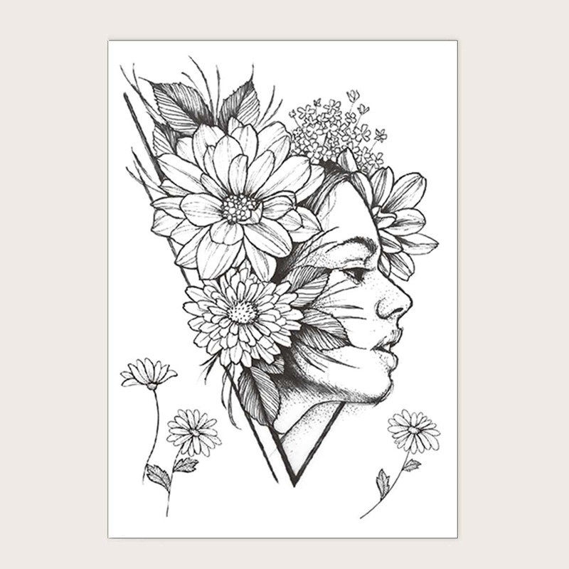 

Girl & Flower Pattern Tattoo Sticker 1sheet, Black