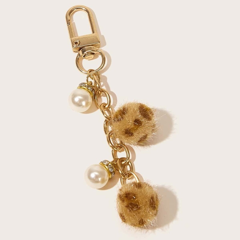 

Faux Pearl Decor Leopard Charm Keychain, Gold