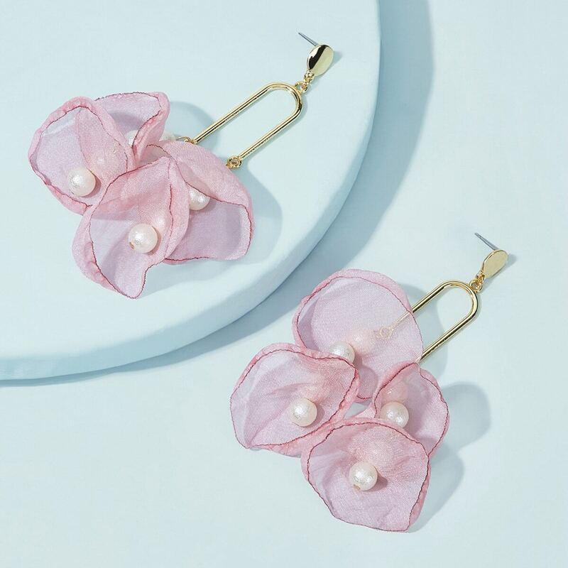 

Faux Pearl Decor Mesh Flower Drop Earrings 1pair, Pink