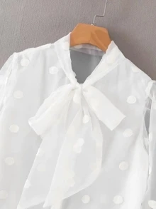 Tie Neck Mesh Sheer Blouse - White - View 3