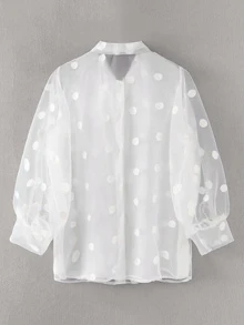 Tie Neck Mesh Sheer Blouse - White - View 2