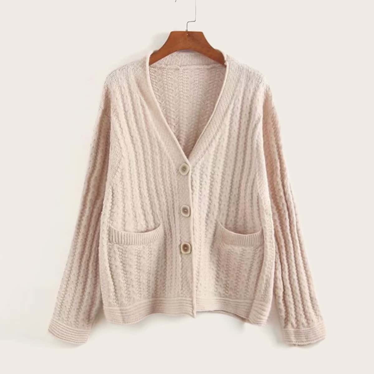 

Double Pocket Twist Cable Knit Cardigan, Beige