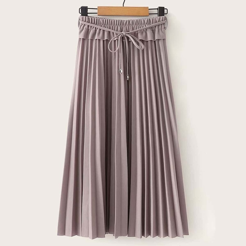 

Ruffle Trim Pleated Belted Skirt, Pink