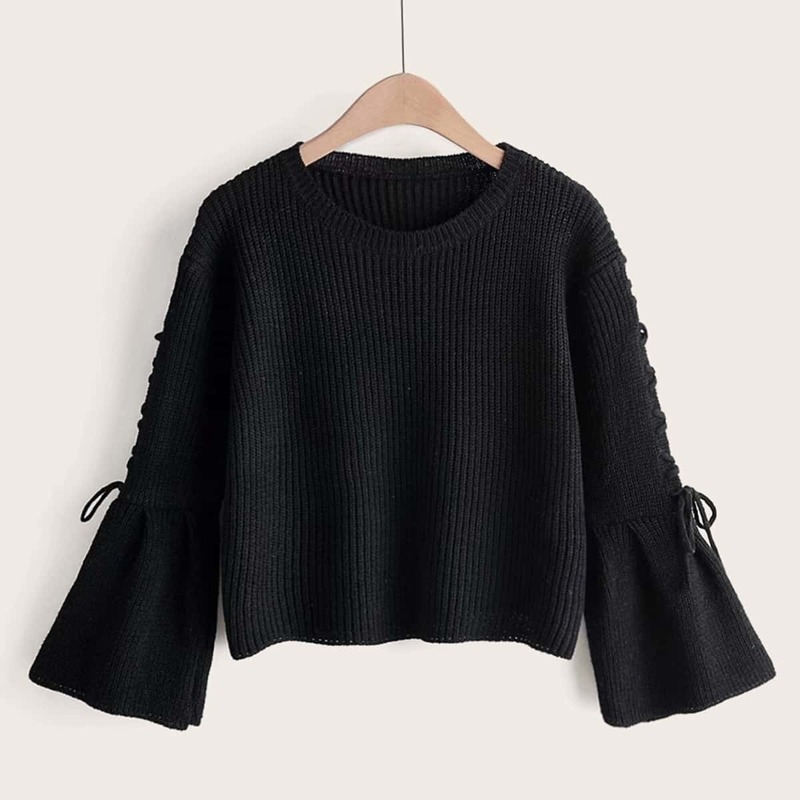 

Lace Up Flounce Sleeve Sweater, Black