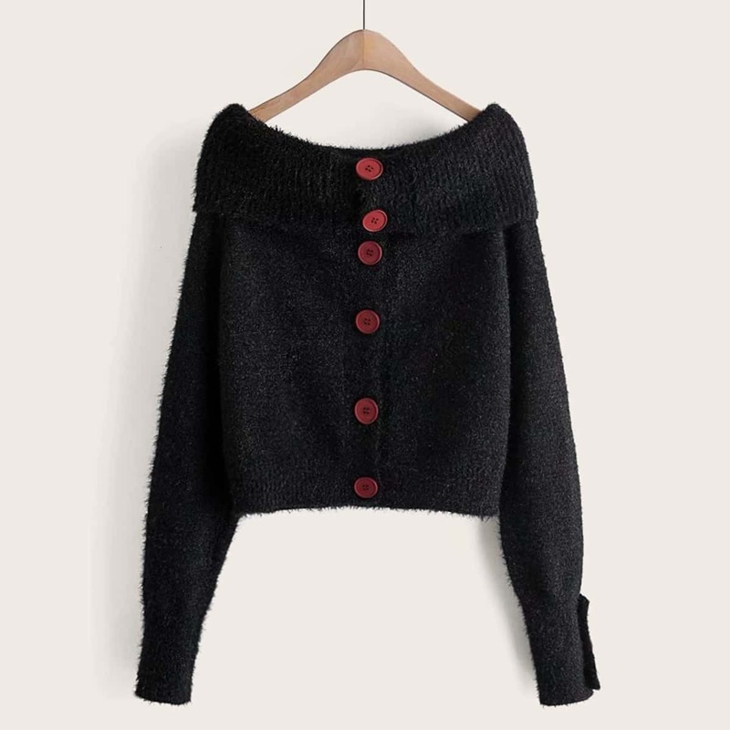 

Foldover Button Front Bardot Sweater, Black